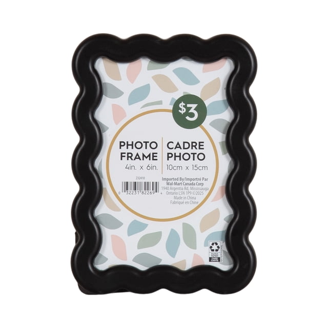 Rosita 4x6 Black Wavy Decorative Tabletop Picture Frame with a modern black scalloped wavy edge and attached easel for tabletop display, holding a 4 by 6 inch photo insert with bilingual English and French text on a white background, suitable for mantel or desk decoration.