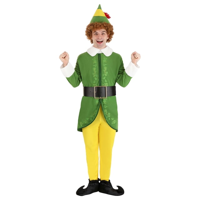 Men's Buddy the Elf Costume featuring a green fleece tunic with embroidered leaves and vines, sherpa collar and cuffs, and a faux leather belt with a brass-tone buckle. Includes yellow jersey knit tights with an elastic waistband and enclosed feet, a foam-backed fleece hat with a red felt feather, and black elf-style shoes. Made from 100% polyester and officially licensed. Suitable for adult Halloween or holiday-themed events.