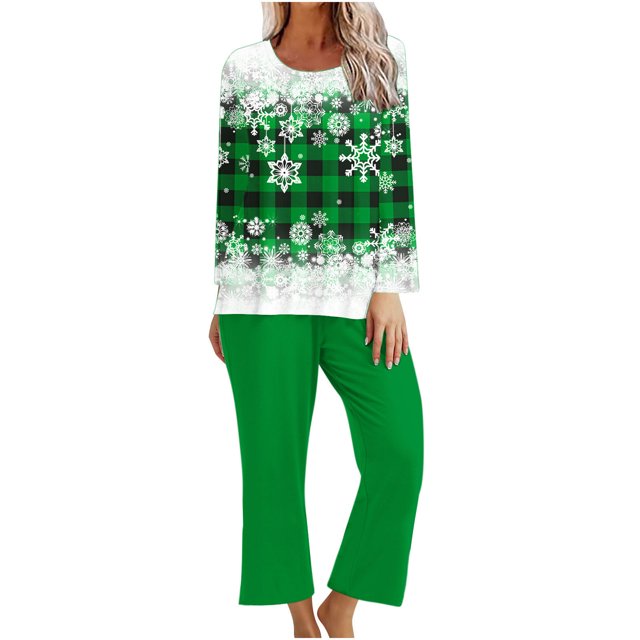 Pisexur Pyjama de Noël pour Femmes Ensemble Deux Pièces Tendance des Fêtes Imprimé Flocon de Neige Pyjamas de Noël Décontractés Manches Longues Col Rond Hauts Pantalons de Pyjama Tenue de Nuit