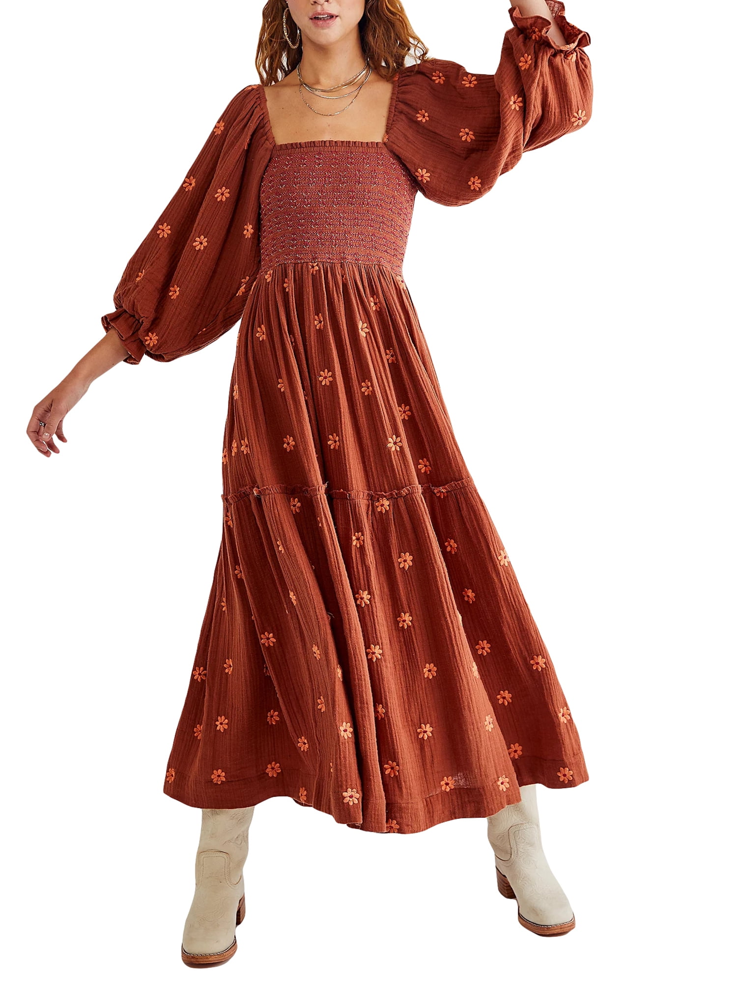 Kmbangi Robe Longue Décontractée d'Été pour Femme, Fleurs Brodées 3D, Encolure Carrée, Manches Bouffantes, Robe Mode Dos Nu, Robe Trapèze