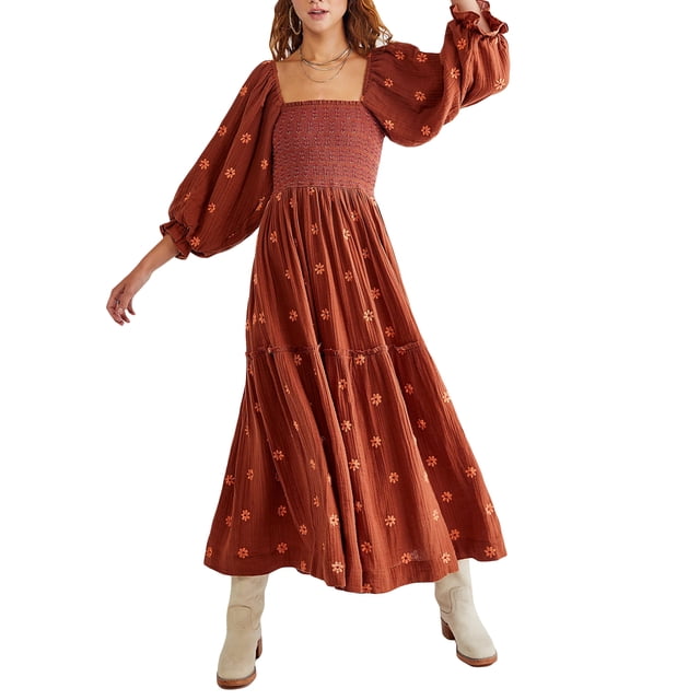 Kmbangi Robe Longue Décontractée d'Été pour Femme, Fleurs Brodées 3D, Encolure Carrée, Manches Bouffantes, Robe Mode Dos Nu, Robe Trapèze