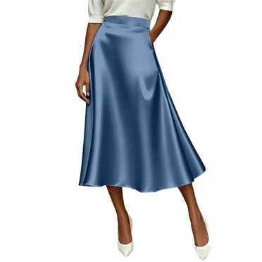 Npasoilc Satin Midi Half Skirt for Women High Waisted A-Line Pull-On Flowy Ruffled Skirts