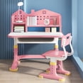 thumbnail image 3 of Kids Functional Desk Chair Set, Height Adjustable Children School Study Desk with Castle Backboard, Widened Desktop, Bookstand and Storage Drawer (Pink)-Pink, 3 of 8