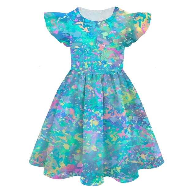 WEAIXIMIUNG Robes Longues Filles Été Couleur Impression Numérique 3D Mignonne Personnalité Mode Robe Manches Volantes 12-13 Ans