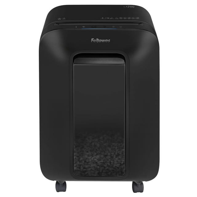 Fellowes Powershred® LX200 Micro-Cut Shredder in black with a front-facing rectangular design, transparent bin window displaying shredded micro-cut particles, caster wheels for mobility, and top panel controls, suitable for secure office paper shredding.