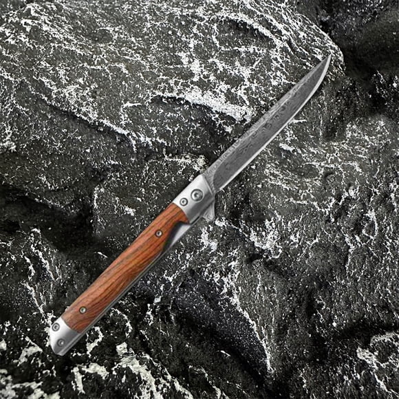 FHBVT Couteau de Poche Pliant en Damas avec Manche en Bois de Santal, Outil de Survie Portable pour Aventures en Plein Air, Randonnée, Camping, et Couteau Pliant Multifonction pour la Coupe, la Sécurité et la Préparation