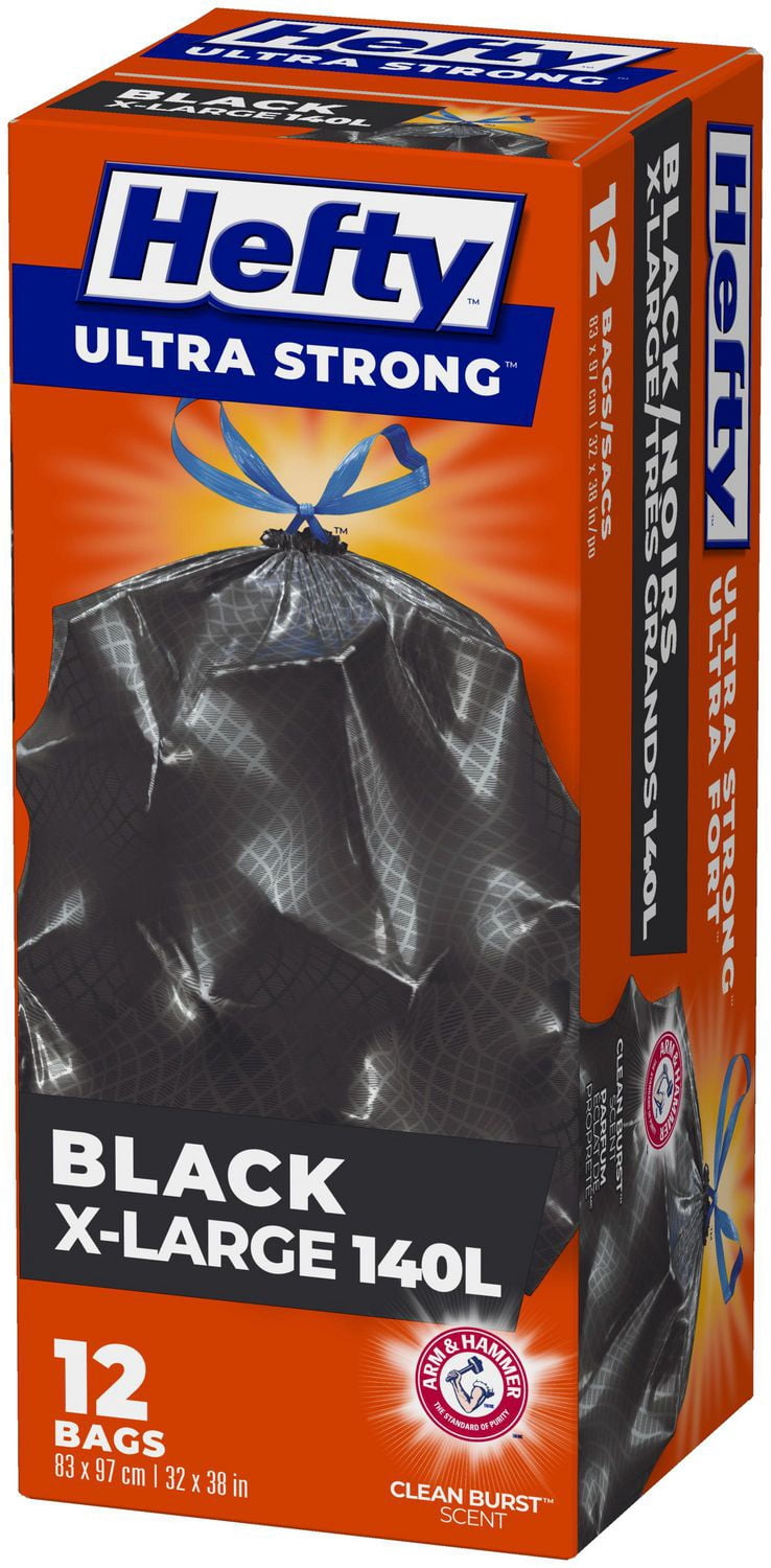 Hefty® Garbage Bags, Ultra Strong Extra Large 140 Litres Black, Drawstring, Arm & Hammer odour neutralizer, 12 Bags