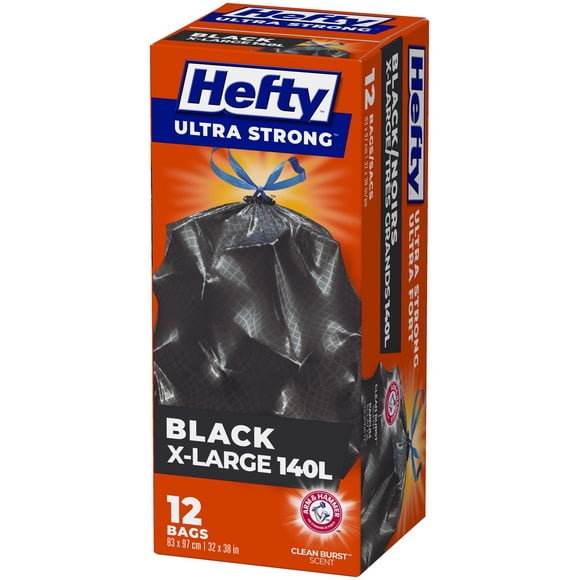 Hefty® Lot de 12 sacs poubelle ultra résistants extra larges 140 litres avec cordon de serrage, neutraliseur d'odeurs Arm & Hammer