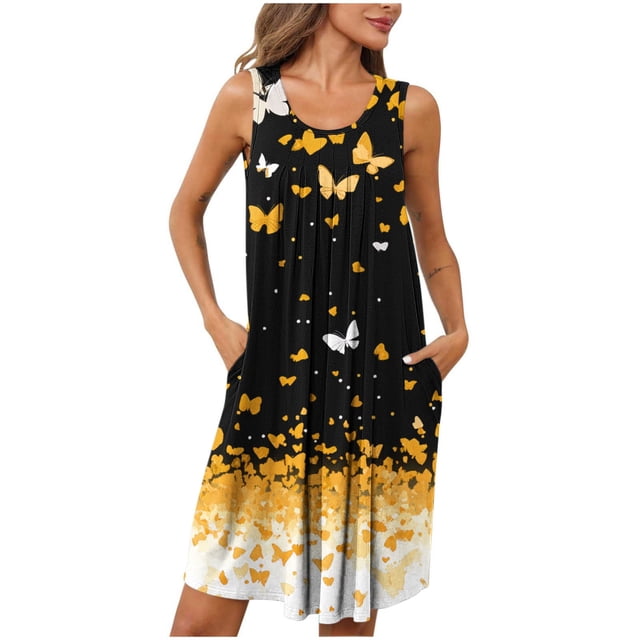 Ovzne Robes pour Femmes Robe pour Femme Femmes Imprimé avec Poches Chemises de Nuit Sans Manches Vêtements de Nuit devant Plissé Nuisette Col Rond Robe de Nuit Grande Taille Robe Maxi Imprimée Liquidation
