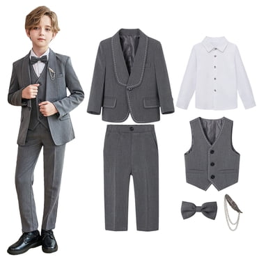 Boys 6 Piece Dresswear Tuxedo Suits Slim Fit Formal Wedding Ring Bearer Outfits Blazer Dress Shirts Pants Vest Breastpin 2 Years, Gray