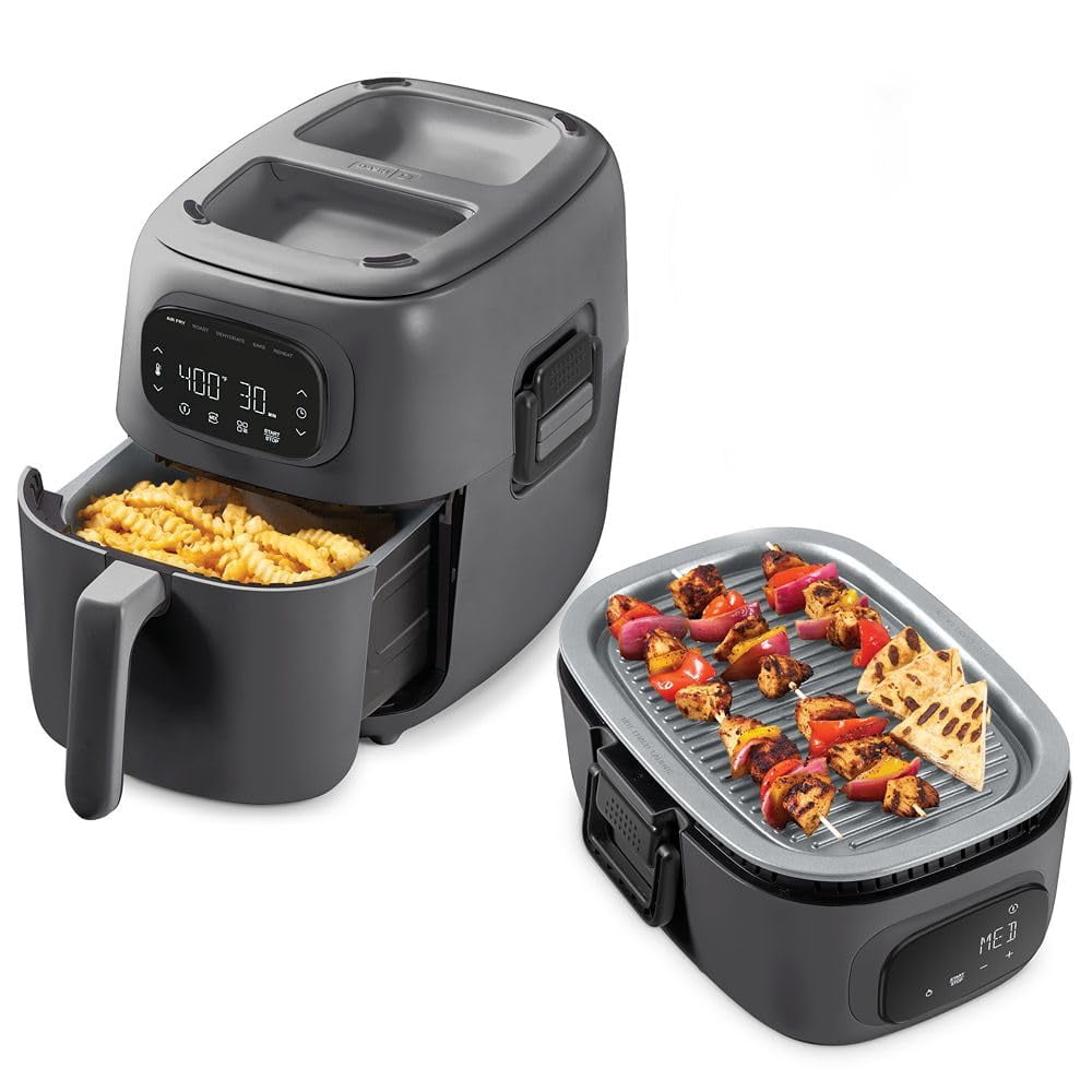 Dash Flip & Fry Digital 2-in-1 Grill & Air Fryer - Has AirCrisp Technology - Digital Touchscreen Ceramic Nonstick Grill Plate & Special Dehydrate Function - 7 Quarts - Forged Iron
