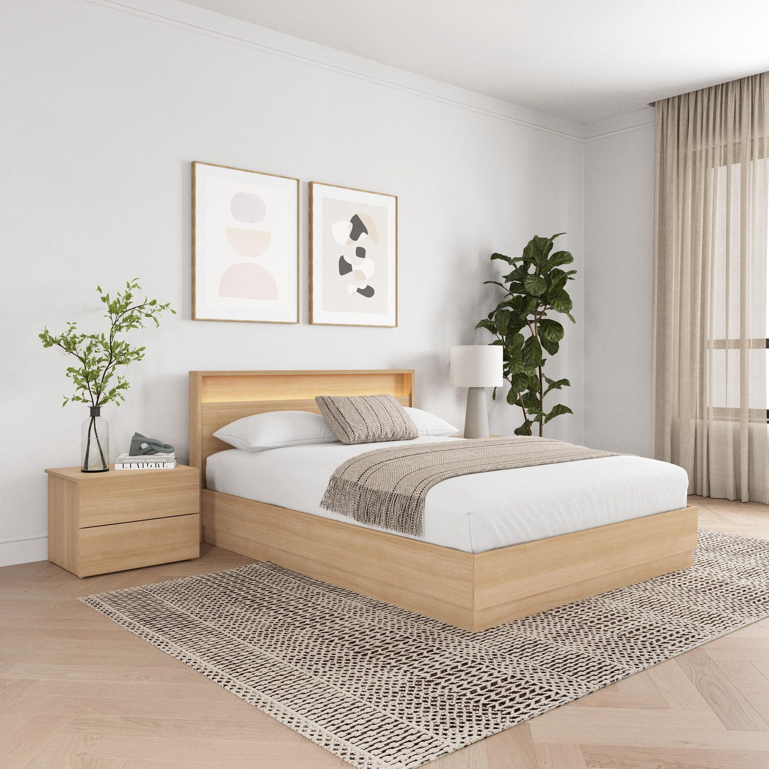 Chambre à coucher Hudson 4 pièces avec sommier à lattes, tête de lit avec éclairage intégré et 2 tables de chevet