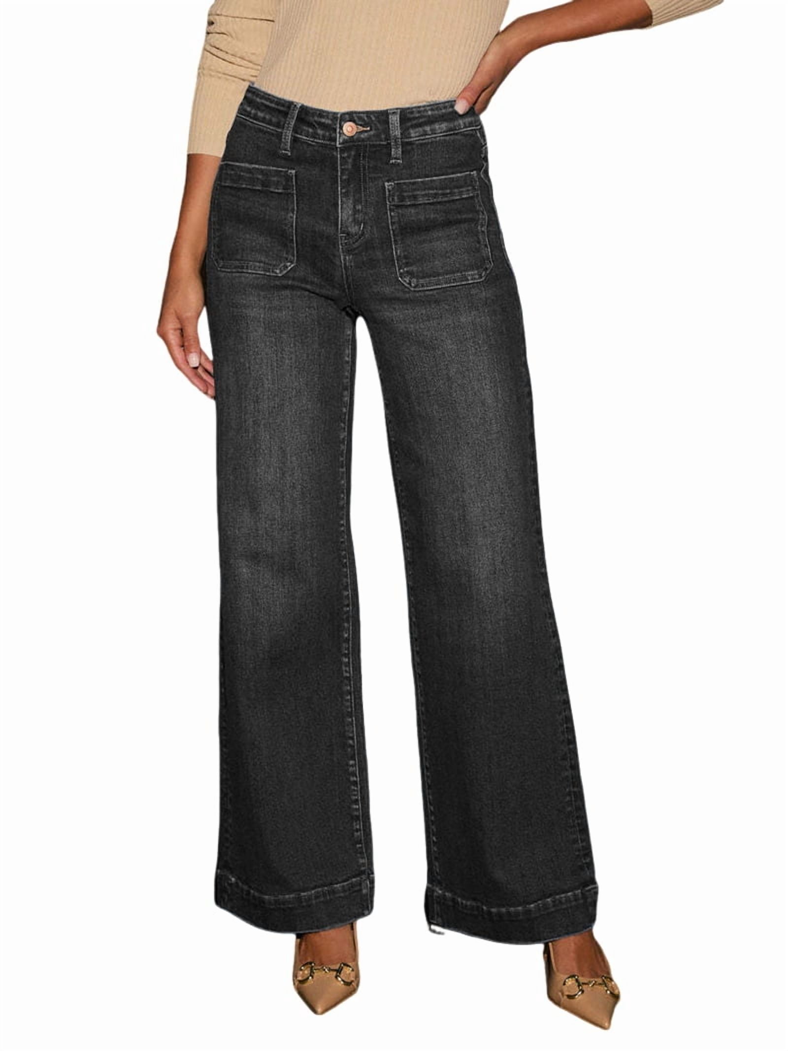 Jean à Jambe Grand pour Femme Taille Haute Jambe Droite Pantalon en Denim Extensible avec Poches Noir G