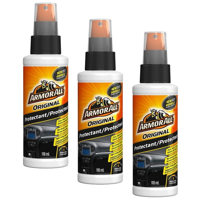 Armor All ArmorAll - Ensemble de 3 Protecteurs d'Intérieur pour Voiture, Protège contre les Rayons UV, 118 ml. Trois Bouteilles Original Protectant, Chacune avec une Capacité de 118 ml, Conçues pour Nettoyer et Protéger les Intérieurs de Voiture. les Bouteilles Comportent une Buse de Pulvérisation pour une application Facile et Sont Efficaces sur les surfaces en Vinyle, Caoutchouc et Plastique. Aide à Prévenir les Fissures, la Décoloration et le Vieillissement Tout en Protégeant contre les Dommages UV. Convient à une Utilisation Intérieure et Extérieure sur le Plastique et le Caoutchouc.