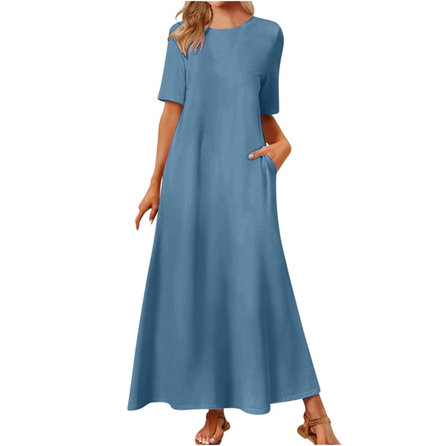 AherBiu Robes pour Femmes Décontractées à Col Rond Robe Maxi Fluide à Manches Courtes Robe Longue Ample avec Poches de Couleur Unie Bleue. Cette Robe Maxi Décontractée pour Femmes Présente une Coupe Décontractée, des Manches Courtes et un design à Col Rond, Fabriquée en Tissu polyester Doux et Respirant. Elle Comprend des Poches Latérales Fonctionnelles et s'Écoule Élégamment jusqu'à une Longueur Maxi, Idéale pour les occasions Décontractées comme le Magasinage, les Voyages, les Activités de Plein Air Ou le Port Quotidien.