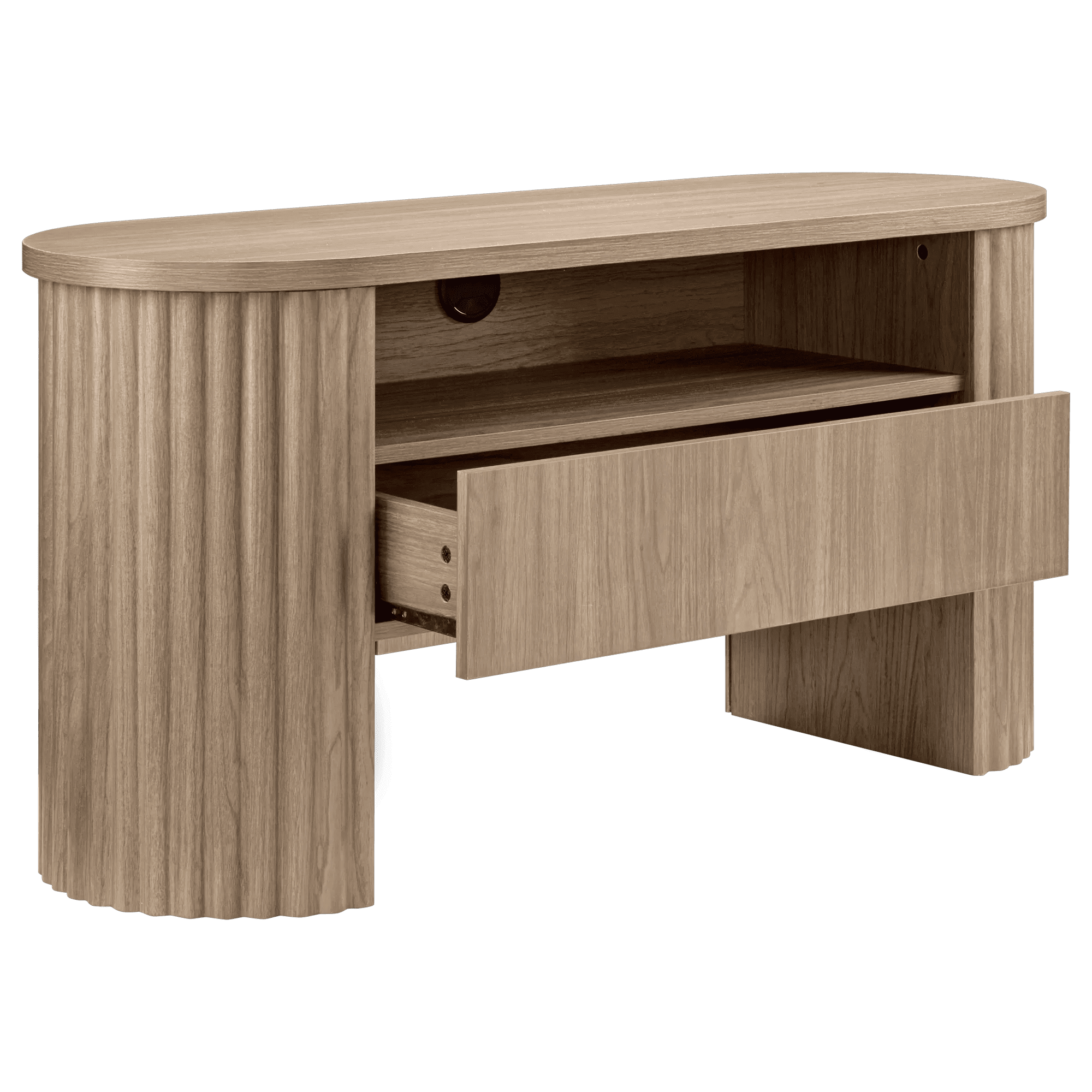 Bouclair Taupe Oak Wood Veneer Media Console TV Stand with Fluted Sides Drawer Living Room
