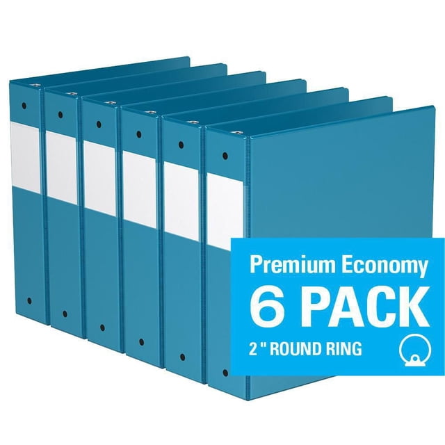 Davis Group Premium Economy Round Ring Binder 6 Pack with six blue 2-inch binders featuring clear full-width label holders on spines and interior pockets to secure loose documents, ideal for office, school, and conference use.