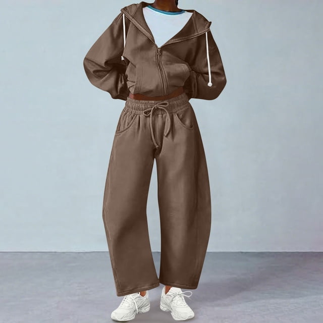 UPPADA Gym Clothes for Woman Set,Women Two Piece Fall Outfits 2 Pc Oversized Outfits Fleece Zip up Hoodie Matching Drawstring Joggers Tracksuit Sets with Pockets Brown,XL