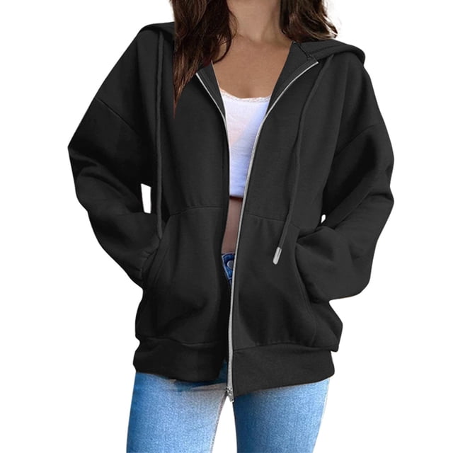 MeetoTime Womens Zip Up Hoodies Oversized Long Sleeve Sweatshirts Fleece Hooded Fall Jacket with Pockets