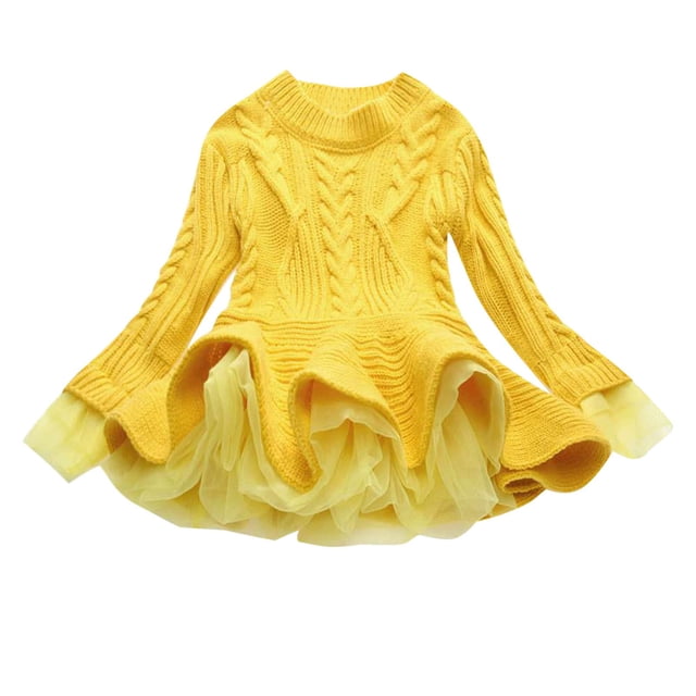 MeetoTime Girls Clothes 2-11 Years Solid Color Round Neck Long Sleeve Hem Mesh Sweater Dresses for Girl