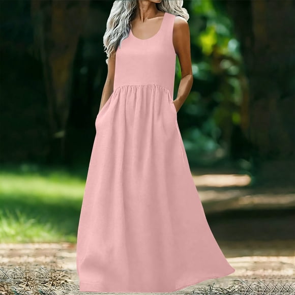 Women's Casual Sleeveless Maxi Dress - High Waist Loose Fitting Sundress with Side Pockets for Beach Vacation Everyday Graduation Dresses for Women S