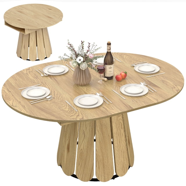 HOMCOM 43"-59" Extendable Dining Table Round to Oval Kitchen Table Natural