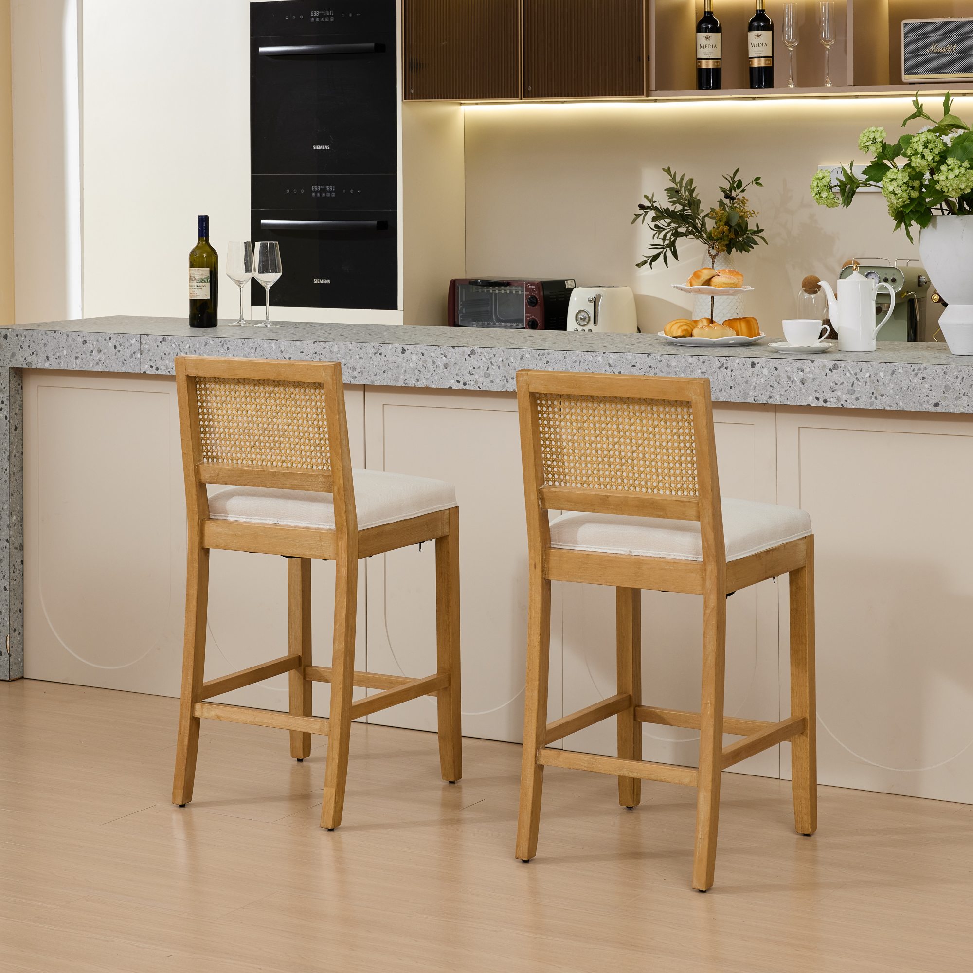 Noble House Full Solid Wood Rattan-Back Bar Stool Set of 2,Matte Linen Cushion with High-Resilience Foam & S-Springs,Beige