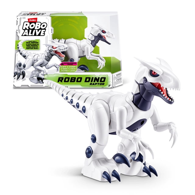 Robo Alive Robo Dino Raptor robotic toy by ZURU, white and dark blue electronic dinosaur with articulated claws, sharp teeth, and red eyes, shown with its green and white packaging, suitable for STEM play and interactive robotic dinosaur fun.