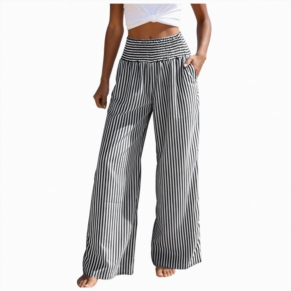 Gubotare Beach Pants for Women Women Linen Palazzo Pants Summer Wide Leg High Waist Casual Lounge Pant Beach Travel Vacation Clothes (Grey,XL)
