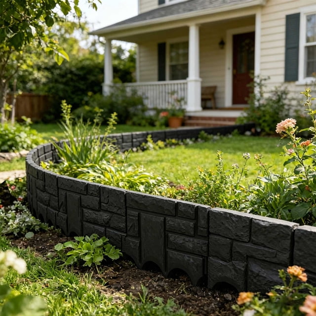 Garden Edging Border,Rustic Landscape Edging Garden Fence Border,Decorative Stone- Look Garden Border for Flower Bed,Plastic Garden Retaining Fence Faux Stone for Landscaping Lawn Blocks Interlocking