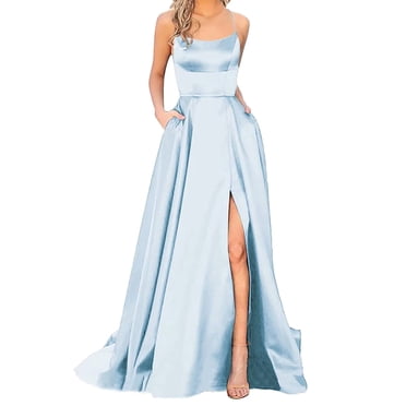 WTXUE Robe Maxi, es Long Women Elegant Halter Dos Nu Longues Robes Crisn Satin Côté, Robe de Bal, Robe avec Poches, Robe Dos Nu, Robe Bleue Femme, Bleu Pâle L