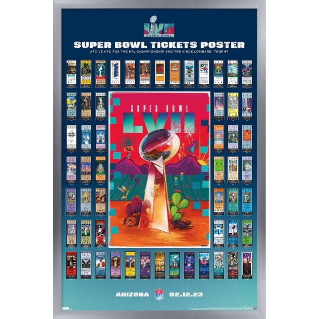 NFL League - Super Bowl LVII Ticket Collage Wall Affiche, 22.375 Pouces x 34 Pouces, Affiche un Collage de Billets Super Bowl Orienté vers l'Avant, Organisé Autour d'Un Graphique central Vince Lombardi Trophy avec un Arrière-Plan de Désert Coloré et de Feux d'Artifice, sur un Dégradé Bleu avec Texte Blanc Incluant « Super Bowl tickets Affiche » et des Détails d'Événement « Arizona 02.12.23 », Imprimé sur Papier Brillant, Convient