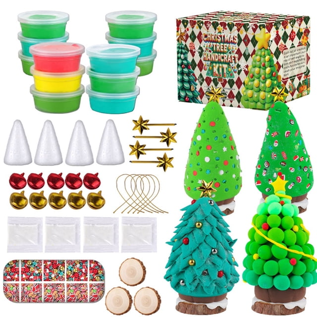 LEUTSIN Diy Toys for Girls Boys Christmas Tree Handcraft Kit with multicolour dry clays, plastic accessories, and decorative components. Includes materials for creating three unique Christmas tree designs with ornaments, stars, and wooden bases. Perfect for Montessori toys, learning games for kids, and holiday-themed arts and crafts activities.