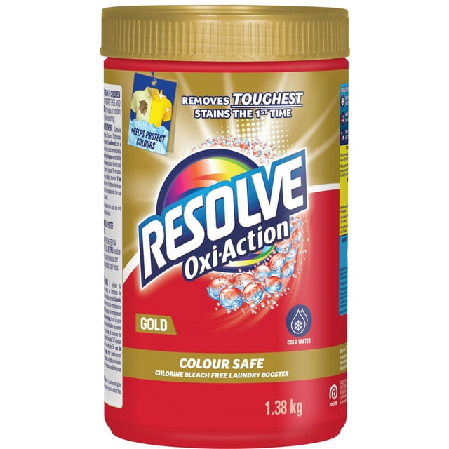 RESOLVE® In Wash Powder - GOLD Oxi-Action 1.38 kg container with gold screw lid and red body, featuring the Resolve logo with colorful bubbles, labelled colour safe and chlorine bleach free laundry booster for cold water, removes toughest stains the first time and helps protect colours.