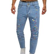 Ketyyh-chn99 Men Jeans 2024 Wide Leg Ripped Jeans Classic Loose Fit Work Wear Trousers Blue,M
