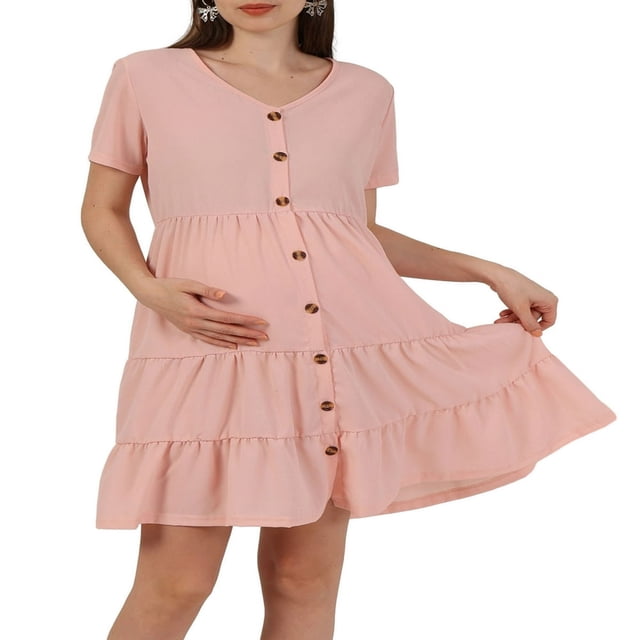 Womens Short Sleeve Maternity Dress V Neck Button Closure Pleated Midi Dress