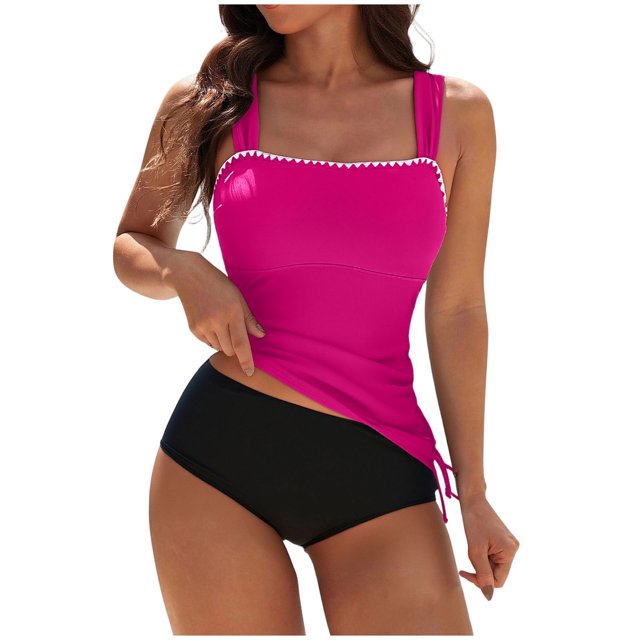 Moxiu Women's Two Piece Tankini Sets Scoop Neck Tummy Control Ruched Shell Stitched Modest High Waisted Bathing Suit 2026 Hot Pink,XL