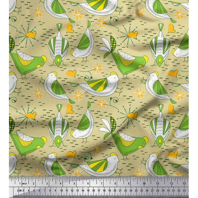 Soimoi Moss Georgette Fabric Floral & Bird Cartoon Decor Fabric Printed Yard 42 Inch Wide