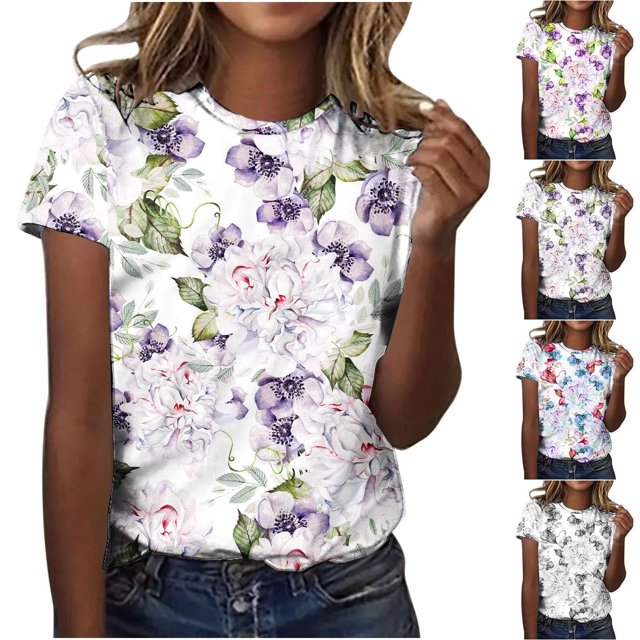 Économies du Printemps! CEHVOM T-Shirts Graphiques Floraux pour Femmes, T-Shirt à Manches Courtes Boho à Imprimé Paysage Floral pour Femmes, Col Rond Ample Décontracté d'Été Décontracté Ample Basique Confortable T-Shirts Boho Hauts 2023