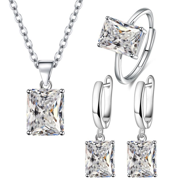 LYMAYTER Boucles d'Oreilles Collier 4 Pcs/ensemble Bague pour Doigt - Rectangle, Zircon Cubique, Vintage