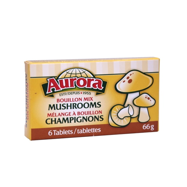Aurora Bouillons Bouillon Boîte de Comprimés de Mélange de Champignons avec 6 Comprimés de Bouillon Aromatisés aux Champignons Pesant 66 g, avec Emballage Jaune et Brun avec illustrations de Champignons et Texte Bilingue Anglais-Français, Convient pour Ajouter de la Saveur aux Soupes et aux.