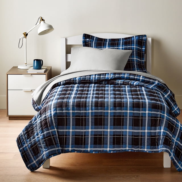 Mainstays All in One Lightweight Quilt Set and Sheet Set -5 Piece, Twin/ XL, Blue Plaid