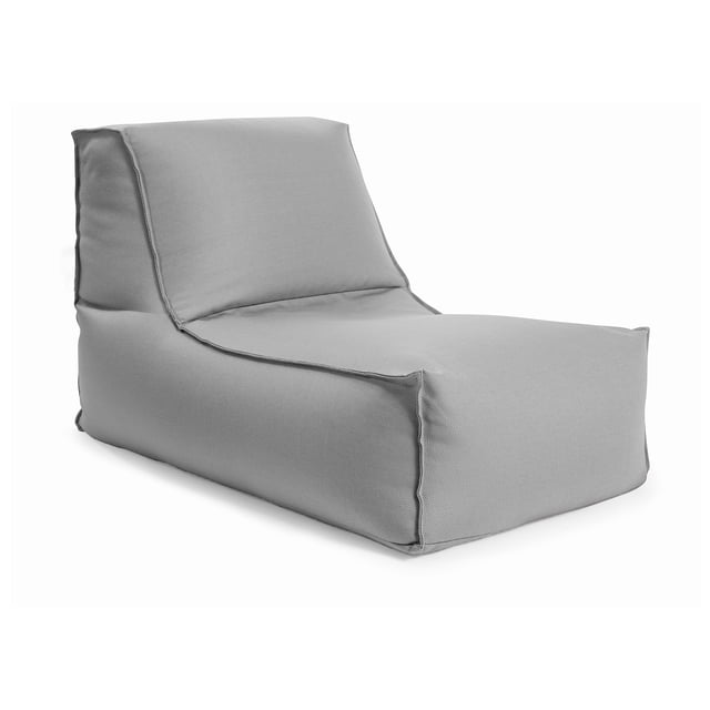 Gouchee Home Alpine Silver Bean Bag Lounger in light grey water-repellent olefin fabric, shown in a 3/4 profile on white background, featuring a modern low-profile shape with supportive backrest and wide seat filled with high-density Canadian polystyrene beads, ideal for kids' rooms, patios, or versatile indoor-outdoor seating.