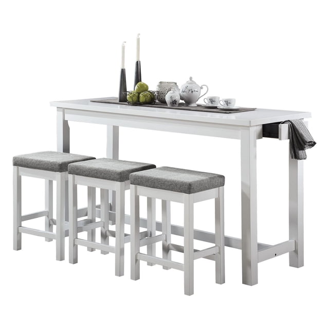 Topline Home Furnishings Counter-height White 4pc Dine Pack with a white rectangular counter height table featuring a single drawer with ball bearing glides and three gray upholstered counter height stools, ideal for kitchen dining and suitable as a compact workspace or charging station.