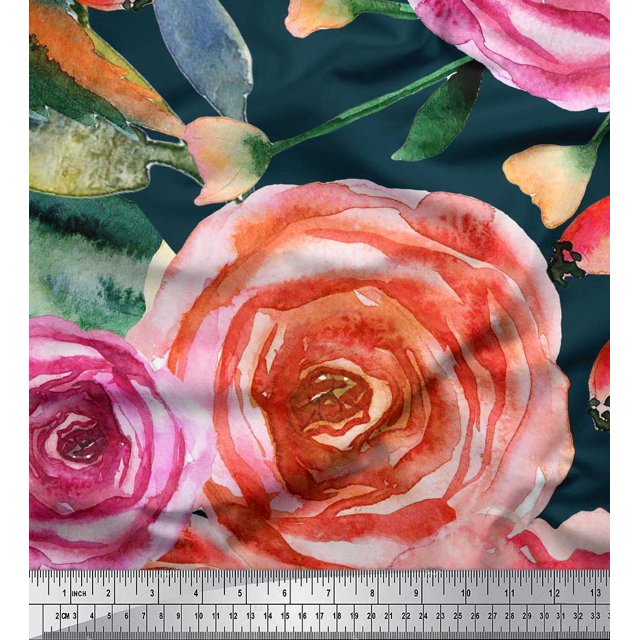 Soimoi Poly Georgette Fabric Leaves & Rose Flower Print Fabric by the Yard 52 Inch Wide