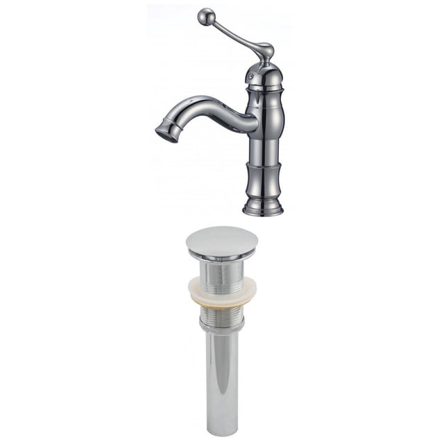 American Imaginations 2-in. W Bathroom Faucet Set Chrome AI-2042 with a traditional single-handle chrome faucet featuring a curved spout and lever handle, paired with a matching chrome sink drain, designed for above-counter installation and constructed from stainless steel and brass.