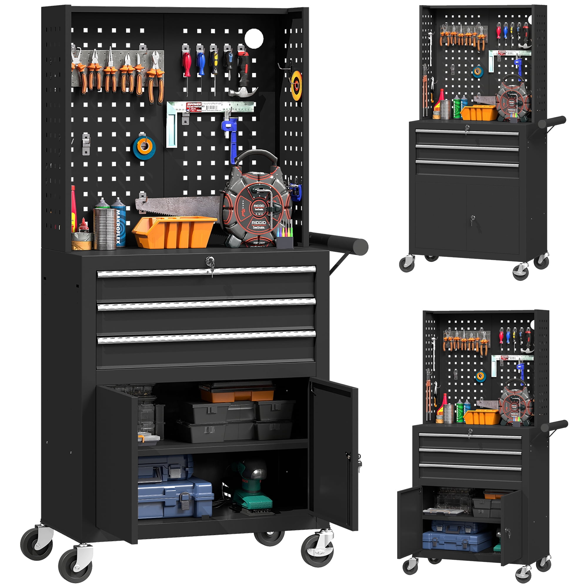 HOMCOM Tool Cabinet with Pegboard, Mobile Tool Chest with Lock, Black