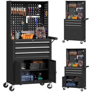 HOMCOM Armoire à outils avec pegboard, coffre à outils mobile avec serrure, noir
