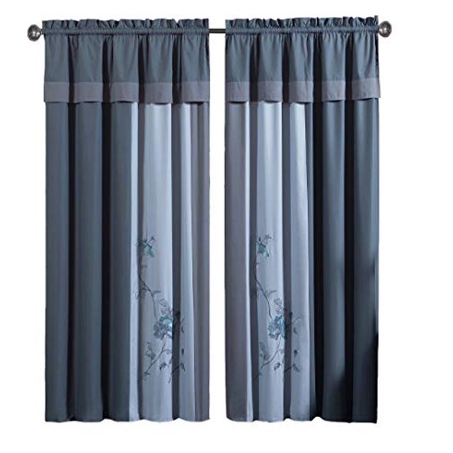 Chezmoi Collection Ensemble de Rideaux de Fenêtre Brodés Floraux Gris Bleu 4 Pcs avec Pompons