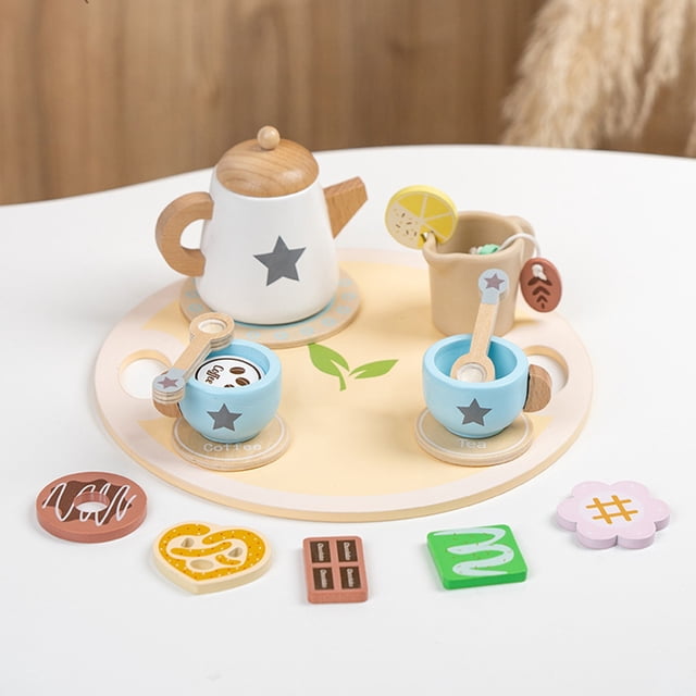 Simulated Tea Set For Pretend Play Wooden Afternoons Tea Toy With Tray Pastels Style Social Interaction Set Household accessories
